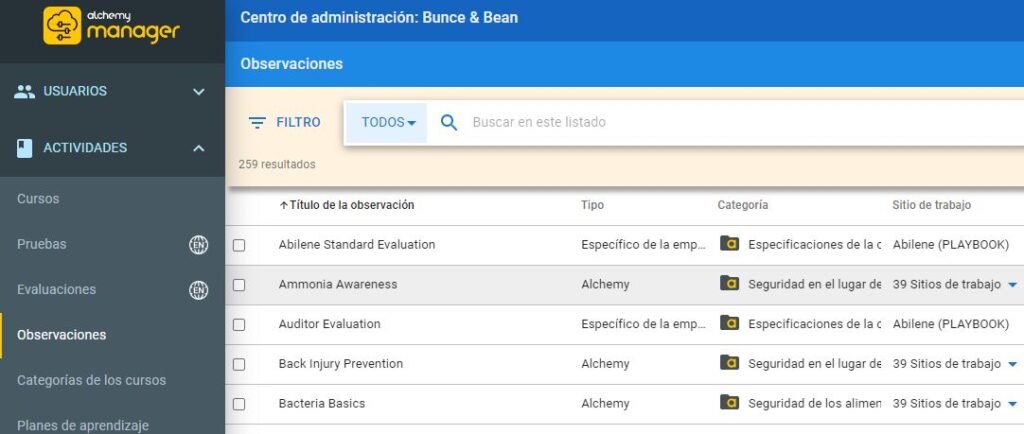 Screenshot showing the Alchemy Manager Observation listing page rendered in Spanish.
