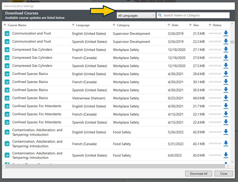 Alchemy Player screenshot showing course download window