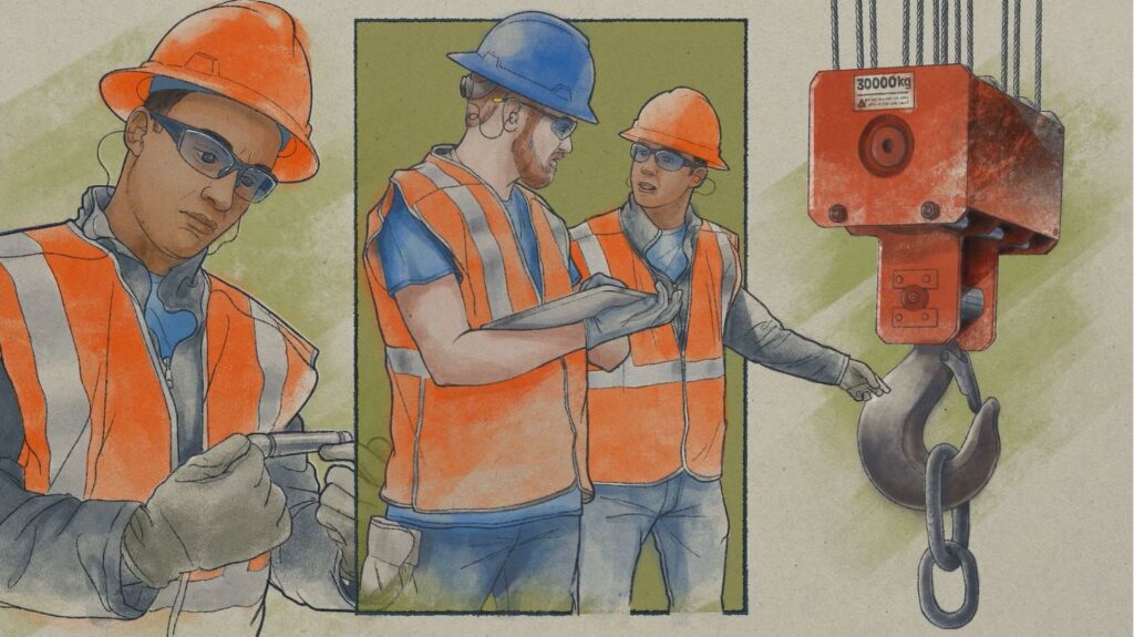 3 side-by-side and overlapping portrait images. Left image shows the upper torso and head of a worker in orange hard had and vest with safety googles. He's holding a metal part in his hands and looking at it curiously. The next two images has this worker standing to the right of his bearded supervisor - dressed the same way  but with a blue hard hat. The worker points to the equipment in the third image  which shows a red lift with a large, gray hook.  