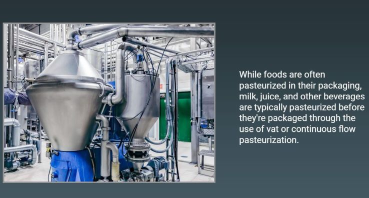 Training course slide on blue-green background. Image on left side shows a stainless steel milk processing vat and piping. Text in off-white is on the right.