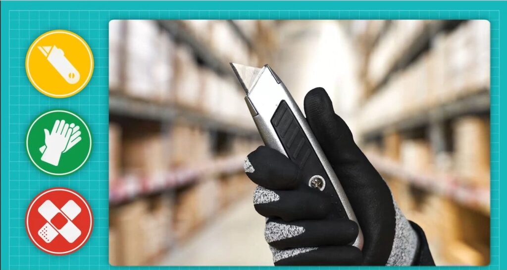 Main image is a black-gloved right hand holding a black and silver box cutter. A row of warehouse shelving with boxes provides a blurry. background.. The teal image frame widens to the left and has three colored icons stacked in a column. 