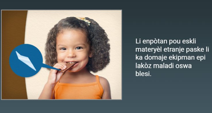 Training course screen shot. Teal background with white text on the right and a photo on the left. Photo has a female child with wavy dark hair in an orange sleeveless top from chest up. She's taking a bite of a chocolate bar and smiling. A blue warning bubble shows that a piece of metal or glass is hiding in the candy.