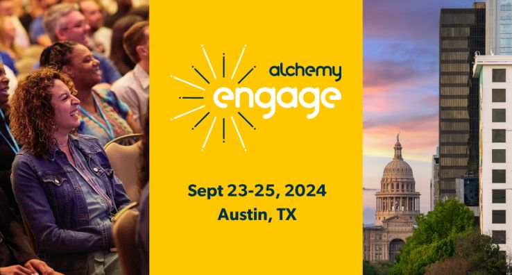Three distinct portrait images feature an audience shot on the left where they are looking right. The right-side image shows the Texas capitol building and some Austin downtime buildings with trees a the bottom. The middle image has a yellow background with the Engage event logo at the top, and event dates/city in black at the bottom.