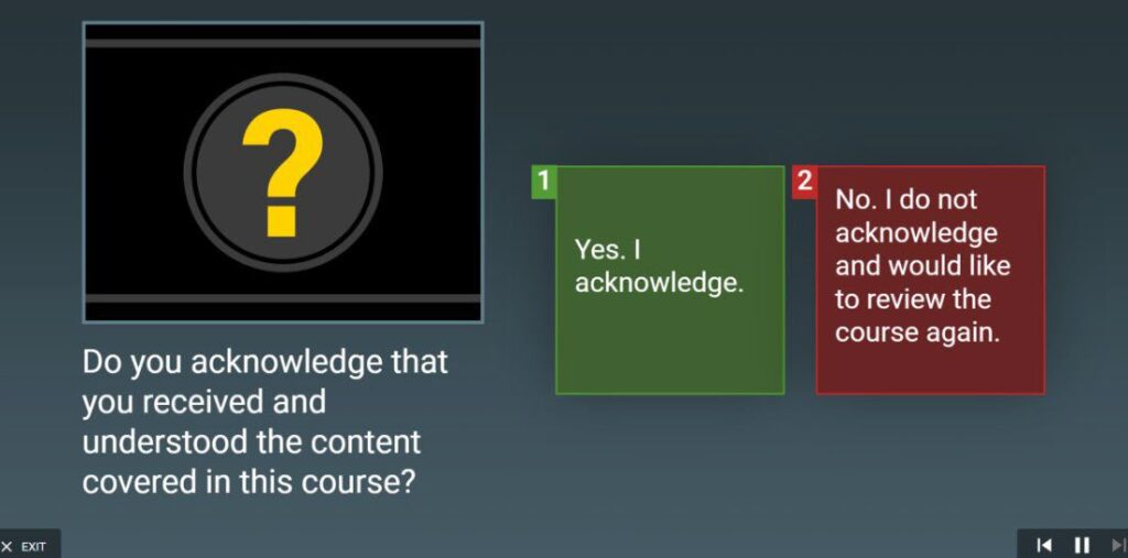 Screenshot from video training course. Left  side has a black  rectangle containing a yellow question mark. Four lines with white question text is underneath it. Green and red squares are to the right with white text inside them as answer choices.