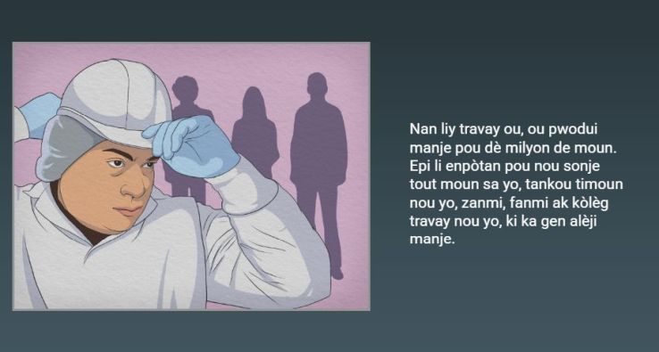 Screenshot from training video. Shows illustrated image on left of worker in white smock and cap with blue-gloved hands holding the cap. This image background is magenta and has 3 shadowed figures in the background. The slide background is teal with white text in Haitian Creole on right side.